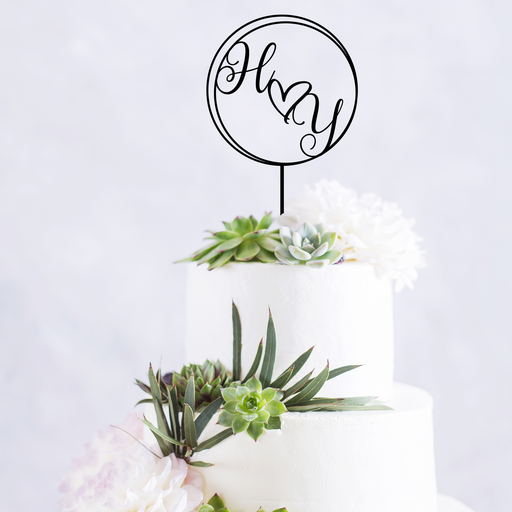 Round Swirl Custom Initials with Heart Wedding Cake Topper Style 2