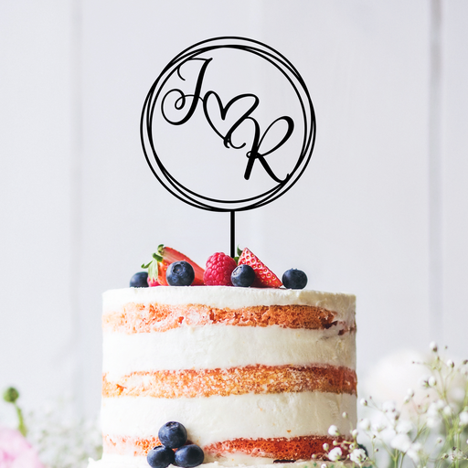 Round Swirl Custom Initials with Heart Wedding Cake Topper Style 3