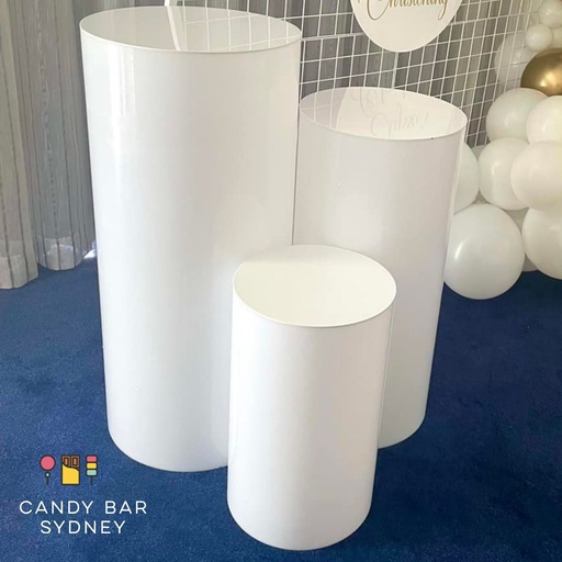 Round Plinth / Cake Stand Hire - Set of 3 - Small, Medium & Large - White Acrylic